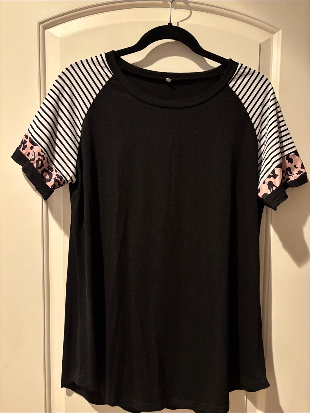 Black Raglan Short Sleeve Top with Striped and Pink Leopard Sleeves